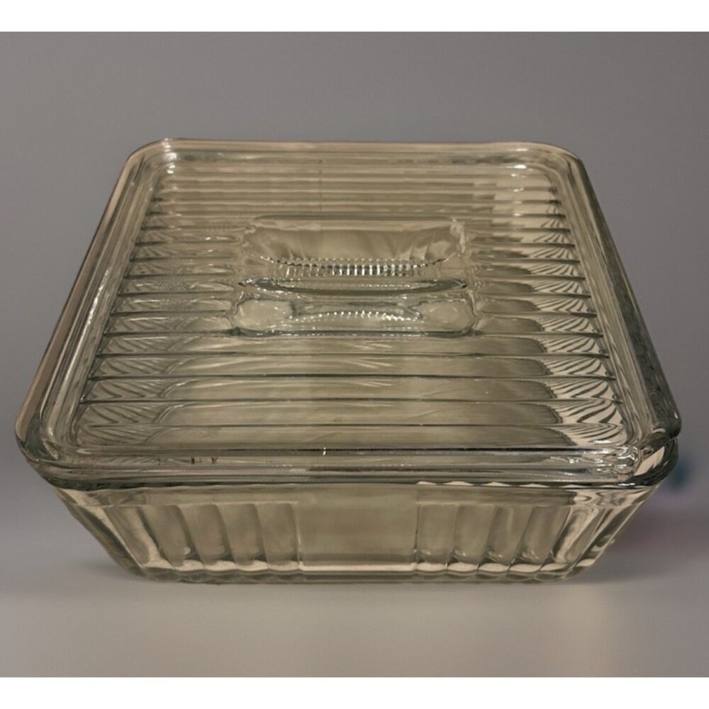 Anchor Hocking 1932 Vintage Design Ribbed 9" Square Refrigerator Dish Flawed lid